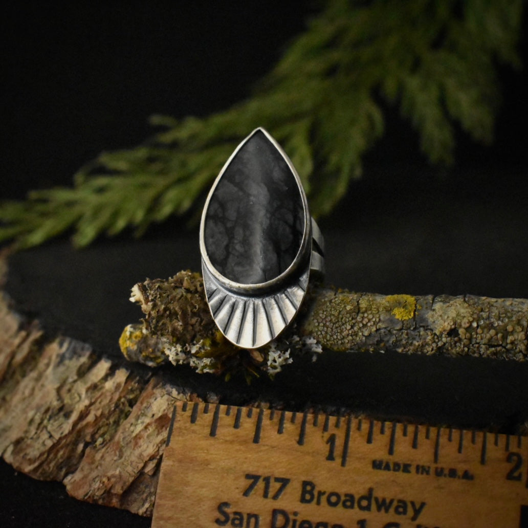 The Picasso Jasper Twilight Ring with a ruler for scale, measuring around 3/4 inches wide.