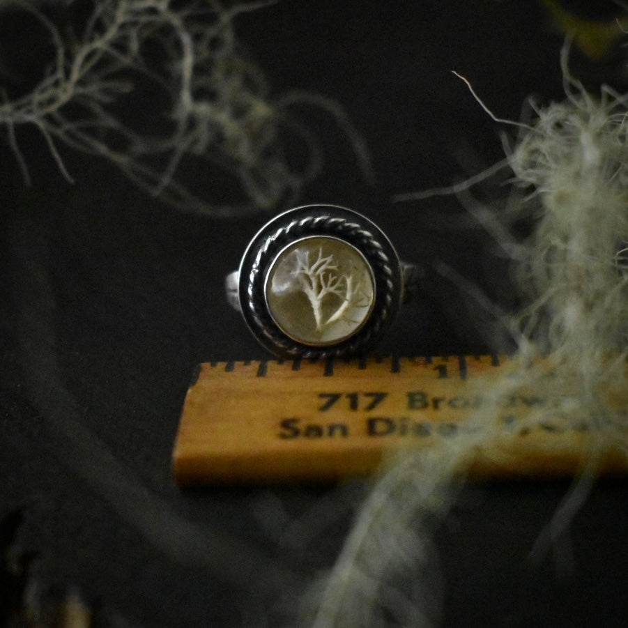 The Real Lichen Classic Double Leaf Ring with a ruler for scale, measuring around 7/8 inches wide.