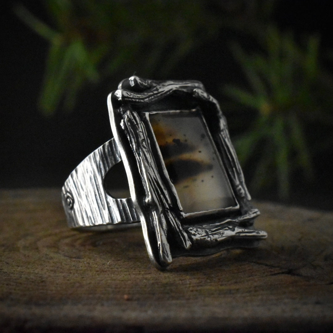 Another look at the Montana Agate Driftwood Ring, showing the details of sterling silver elements, carved and textured to look like driftwood.