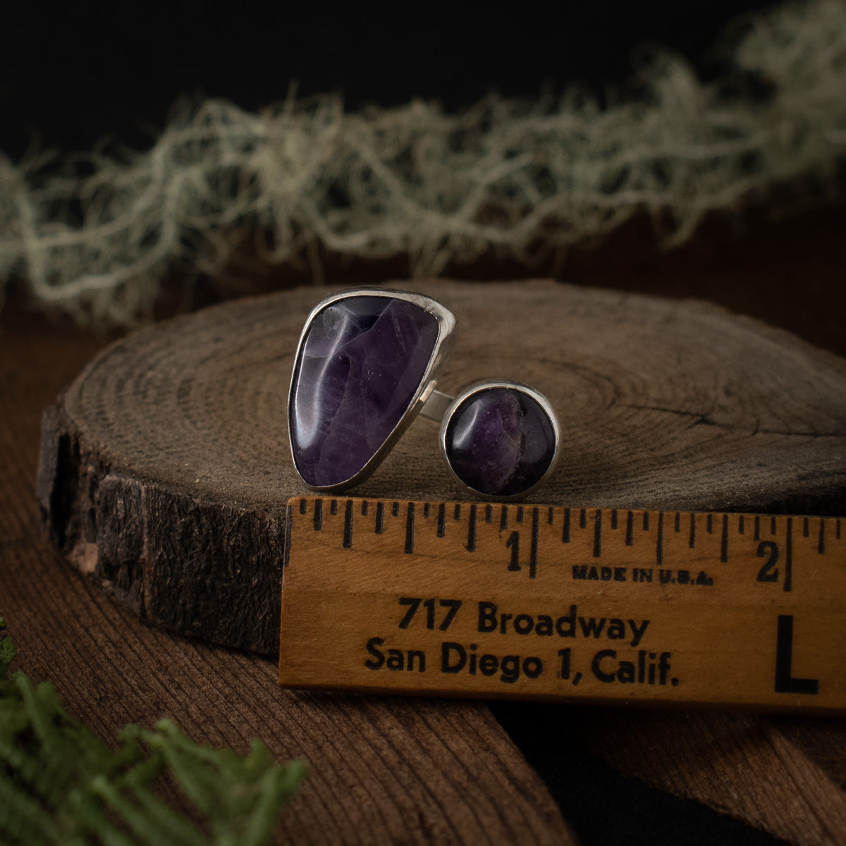 The Amethyst Lace Agate Open Shank Ring with a ruler for scale, measuring around 1 1/8 inches.