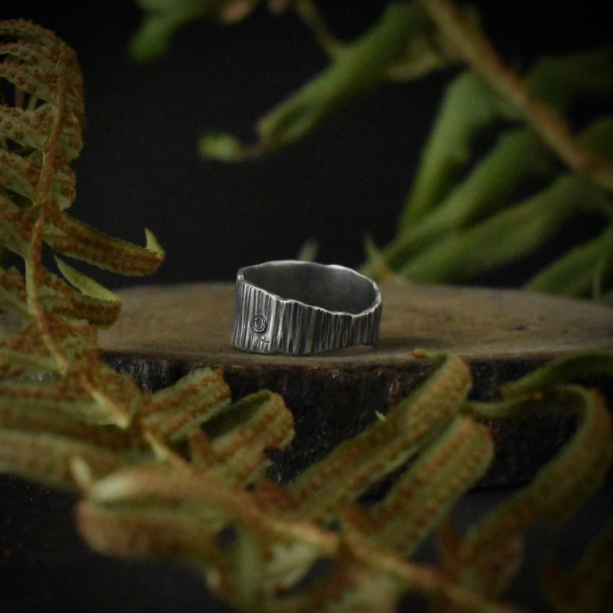Another look at the Wide Tapered Bark Ring, showing its tapering size 6 band.