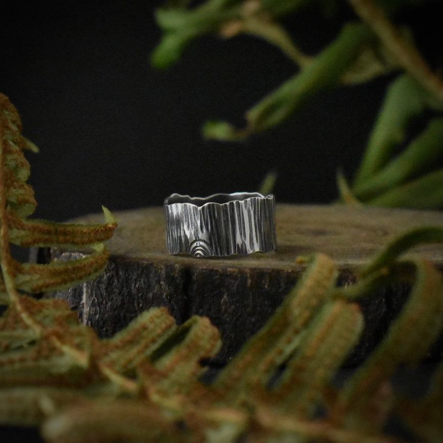 Another look at the Wide Bark Ring and its size 6 3/4 band.