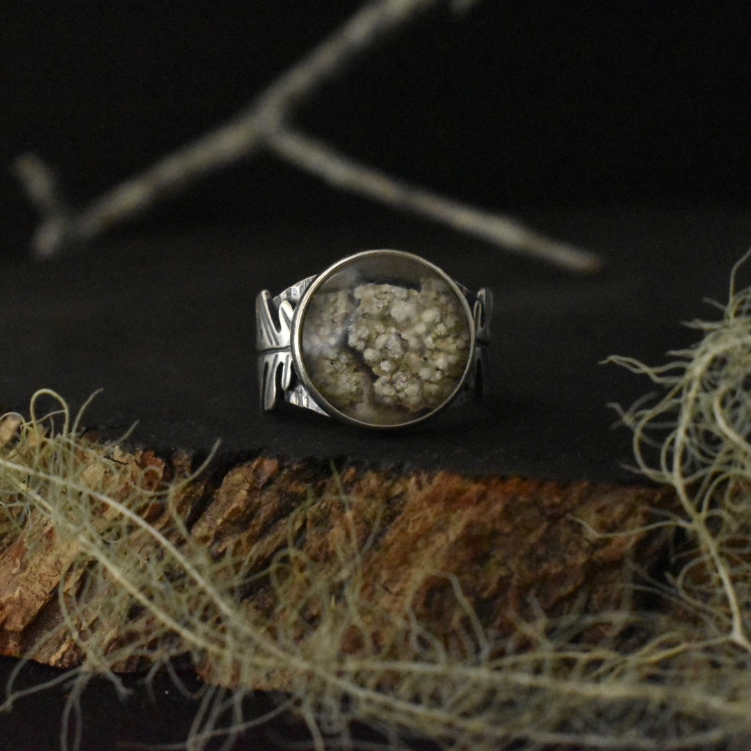 Another look at the Real Lichen Double Oak Leaf Ring, showing the details of its lichen/resin setting.