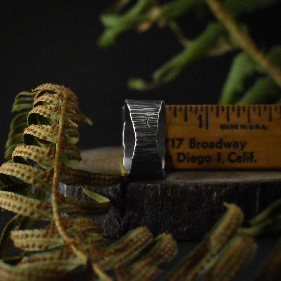The Wide Tapered Bark Ring with a ruler for scale, its band measuring around 1/2 inch at the widest.