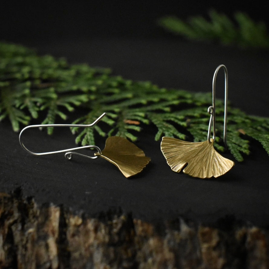 Another look at the Brass Gingko Leaf Earrings, showing their sterling silver ear wires.