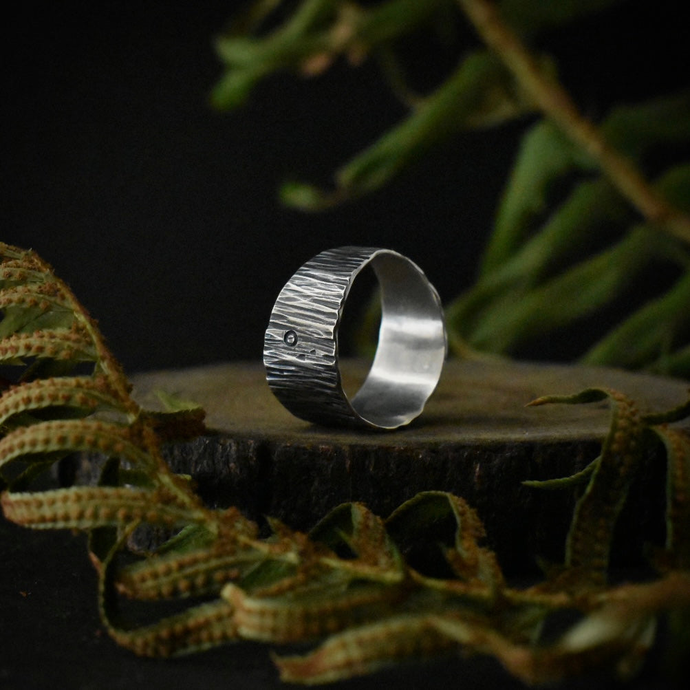 Another look at the Wide Tapered Bark Ring, showing its tapering size 10 1/2 band.