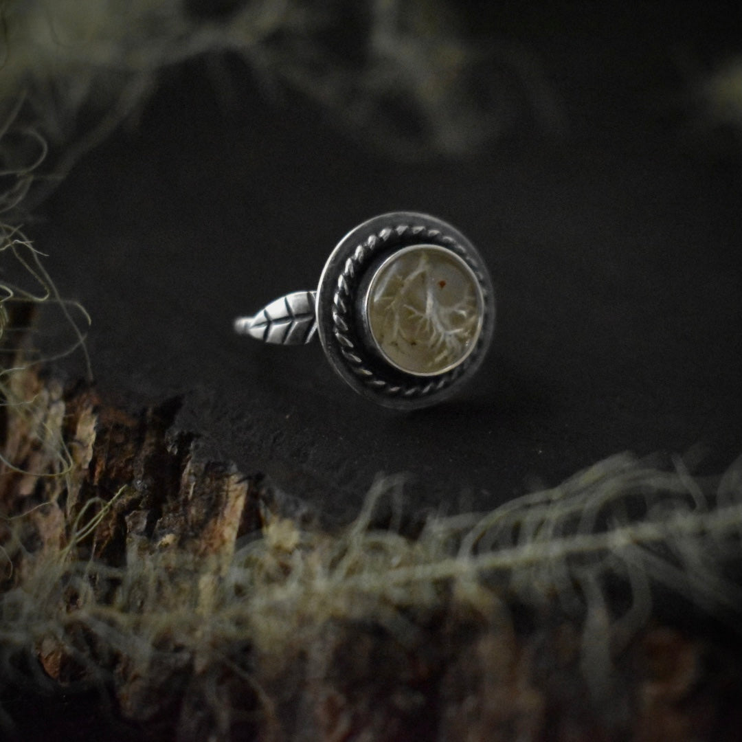 Another look at the Real Lichen Classic Double Leaf Ring, showing its sterling silver elements, a circle of twisted wire and one textured to look like a small leaf.