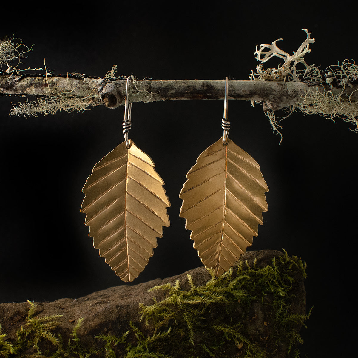 A pair of handmade shiny brass earrings, each textured like an alder leaf, and dangling by its sterling silver ear wire.