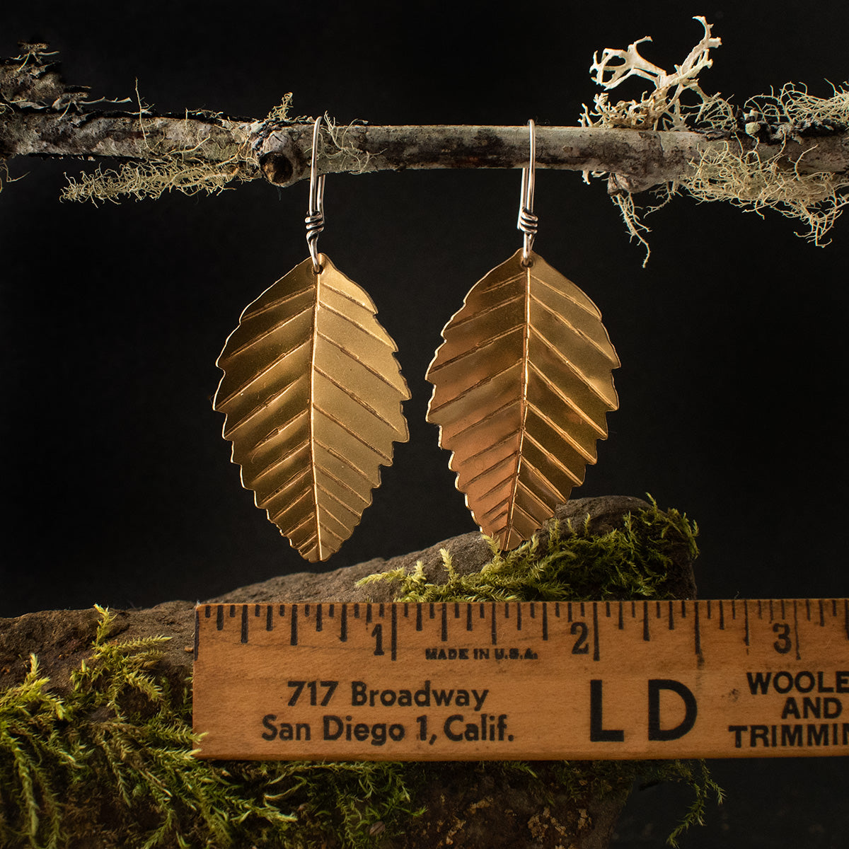 The Brass Alder Leaf Earrings with a ruler for scale, each measuring around 1 inch wide.