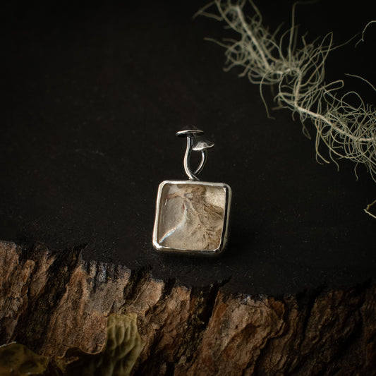 A handmade sterling silver pin, with a setting of real lichen preserved in clear resin.